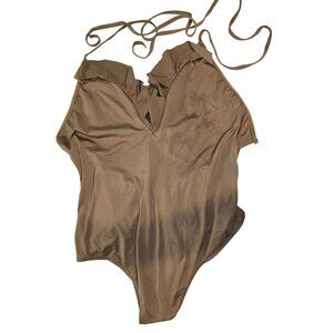 Old Navy Size 1X Brown One Piece Ruffle Trim Neck Tie Up Swimsuit